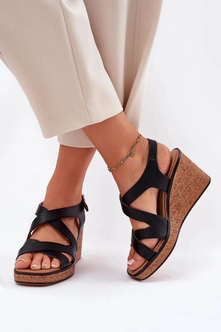 Hot Buty Sergio Leone Sandały Damskie Na Koturnie Sergio Leone SK223 Czarne Czarny