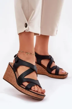 Hot Buty Sergio Leone Sandały Damskie Na Koturnie Sergio Leone SK223 Czarne Czarny