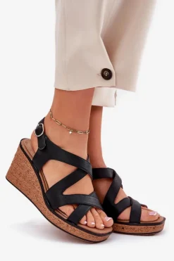 Hot Buty Sergio Leone Sandały Damskie Na Koturnie Sergio Leone SK223 Czarne Czarny