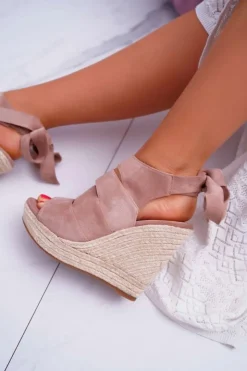 Clearance Boto Sandały Damskie Na Koturnie Lniane Wiązane Beżowe Cantare