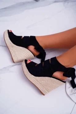 New Boto Sandały Damskie Na Koturnie Lniane Wiązane Czarne Cantare