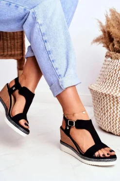 Boto Sandały Na Koturnie*Sandały Damskie Na Koturnie Czarne Rosa