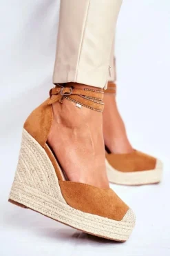 Discount Boto Sandały Damskie Na Koturnie Lniane Camel Canterola