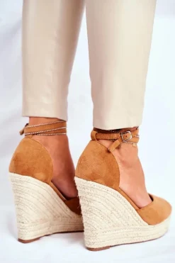 Discount Boto Sandały Damskie Na Koturnie Lniane Camel Canterola