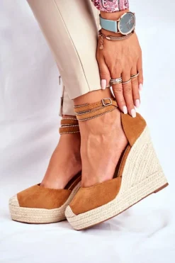 Discount Boto Sandały Damskie Na Koturnie Lniane Camel Canterola