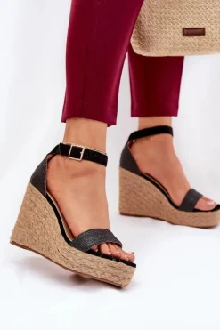 New Boto Sandały Damskie Na Koturnie Z Plecionką Czarne Adelio Czarny