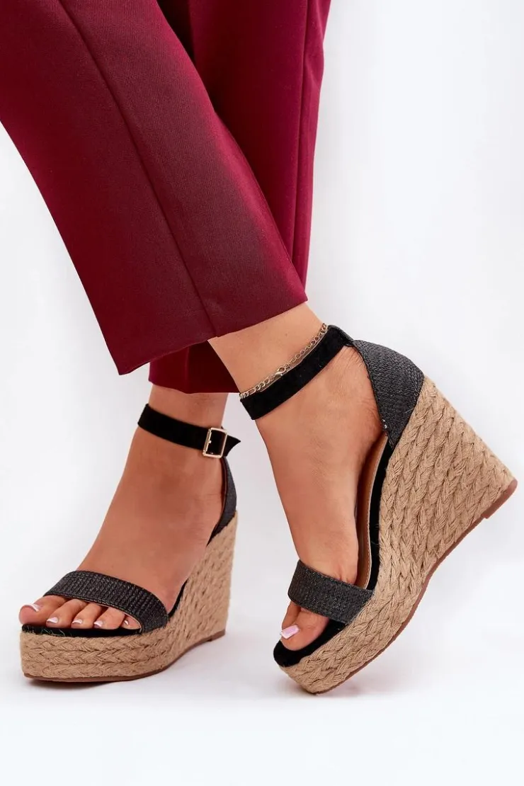 New Boto Sandały Damskie Na Koturnie Z Plecionką Czarne Adelio Czarny