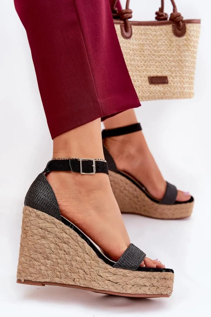 New Boto Sandały Damskie Na Koturnie Z Plecionką Czarne Adelio Czarny