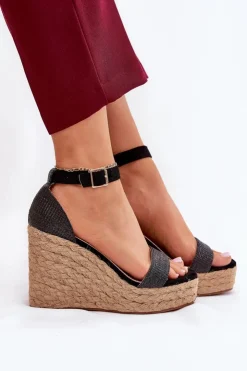 New Boto Sandały Damskie Na Koturnie Z Plecionką Czarne Adelio Czarny