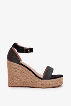 New Boto Sandały Damskie Na Koturnie Z Plecionką Czarne Adelio Czarny