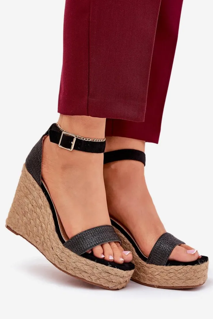 New Boto Sandały Damskie Na Koturnie Z Plecionką Czarne Adelio Czarny