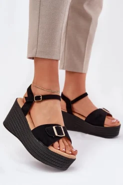 Outlet Boto Sandały Damskie Na Koturnie Z Klamrą Czarne Liniella Czarny