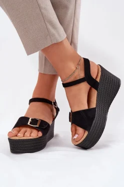 Outlet Boto Sandały Damskie Na Koturnie Z Klamrą Czarne Liniella Czarny