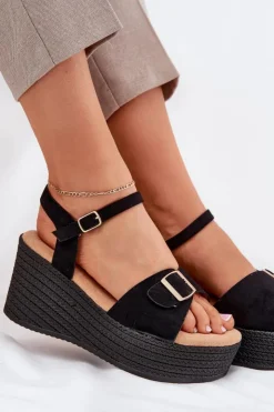 Outlet Boto Sandały Damskie Na Koturnie Z Klamrą Czarne Liniella Czarny