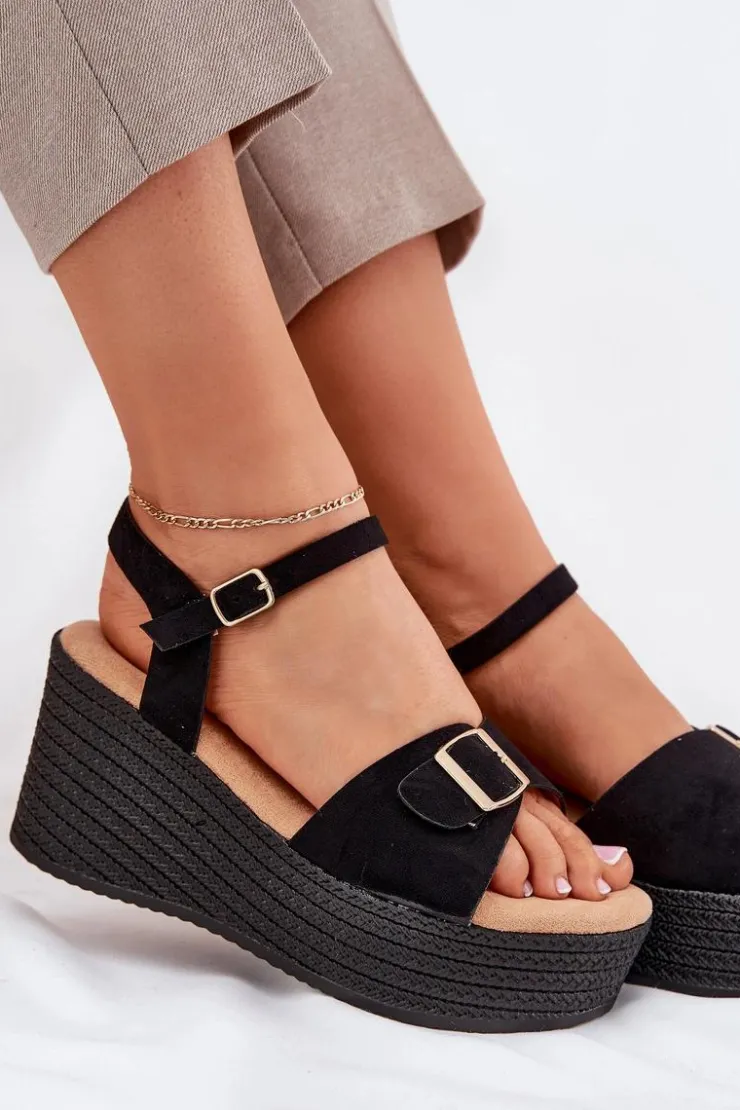 Outlet Boto Sandały Damskie Na Koturnie Z Klamrą Czarne Liniella Czarny