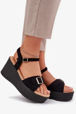 Outlet Boto Sandały Damskie Na Koturnie Z Klamrą Czarne Liniella Czarny