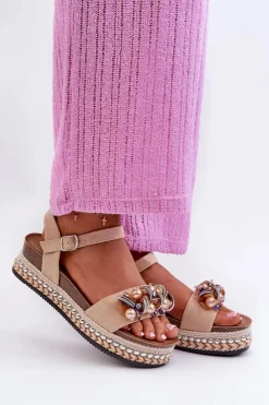 Damskie buty S.Barski Sandały Na Koturnie*Sandały Damskie Na Koturnie I Platformie Z Ozdobami S.Barski HY056 Beżowe