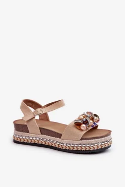 Damskie buty S.Barski Sandały Na Koturnie*Sandały Damskie Na Koturnie I Platformie Z Ozdobami S.Barski HY056 Beżowe