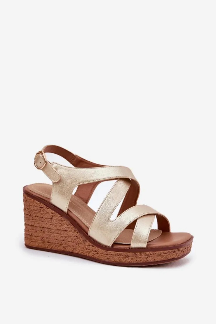 Damskie Buty Sergio Leone Sandały Damskie Na Koturnie Sergio Leone SK223 Złote