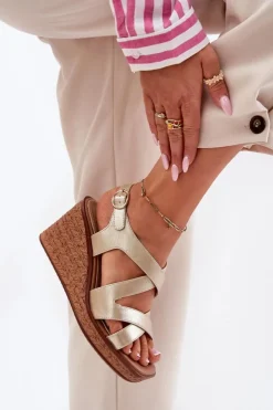 Damskie Buty Sergio Leone Sandały Damskie Na Koturnie Sergio Leone SK223 Złote