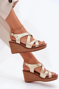 Damskie Buty Sergio Leone Sandały Damskie Na Koturnie Sergio Leone SK223 Złote