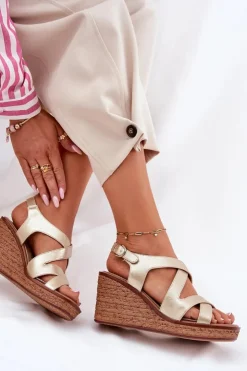 Damskie Buty Sergio Leone Sandały Damskie Na Koturnie Sergio Leone SK223 Złote