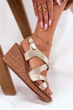 Damskie Buty Sergio Leone Sandały Damskie Na Koturnie Sergio Leone SK223 Złote