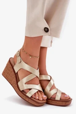 Damskie Buty Sergio Leone Sandały Damskie Na Koturnie Sergio Leone SK223 Złote