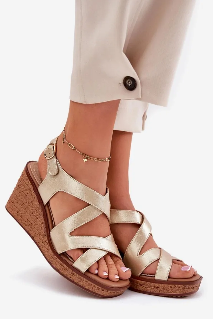 Damskie Buty Sergio Leone Sandały Damskie Na Koturnie Sergio Leone SK223 Złote