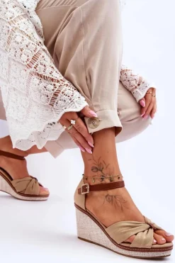 Outlet Boto Sandały Damskie Na Koturnie Beżowe Daphne