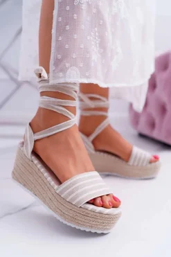 Boto Sandały Na Koturnie*Sandały Damskie Na Koturnie Platformie Lniane Wiązane Beżowe Jolyn