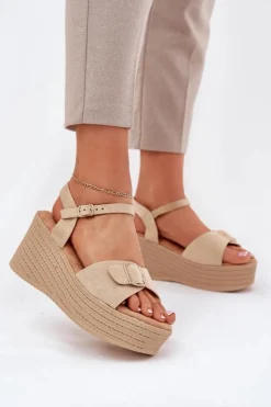 Damskie Boto Sandały Damskie Na Koturnie Z Klamrą Khaki Liniella