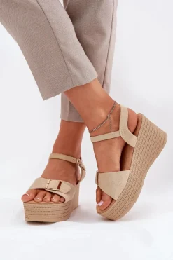 Damskie Boto Sandały Damskie Na Koturnie Z Klamrą Khaki Liniella