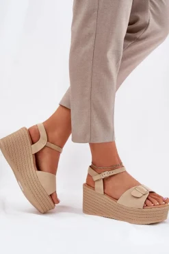 Damskie Boto Sandały Damskie Na Koturnie Z Klamrą Khaki Liniella