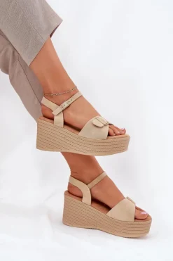 Damskie Boto Sandały Damskie Na Koturnie Z Klamrą Khaki Liniella