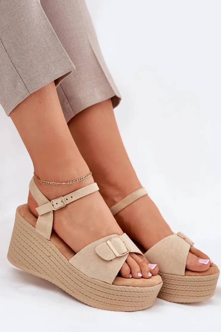 Damskie Boto Sandały Damskie Na Koturnie Z Klamrą Khaki Liniella