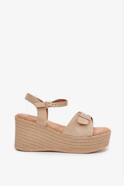 Damskie Boto Sandały Damskie Na Koturnie Z Klamrą Khaki Liniella