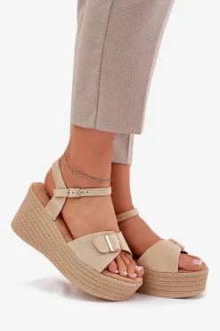 Damskie Boto Sandały Damskie Na Koturnie Z Klamrą Khaki Liniella