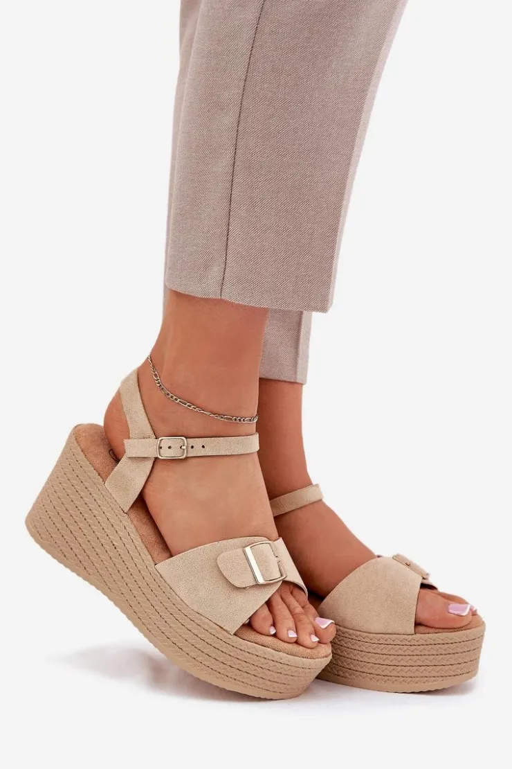 Damskie Boto Sandały Damskie Na Koturnie Z Klamrą Khaki Liniella