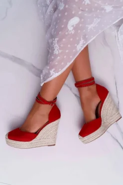Damskie Boto Sandały Damskie Na Koturnie Lniane Czerwone Canterola