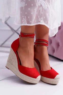 Damskie Boto Sandały Damskie Na Koturnie Lniane Czerwone Canterola
