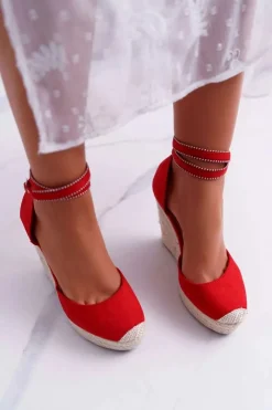 Damskie Boto Sandały Damskie Na Koturnie Lniane Czerwone Canterola