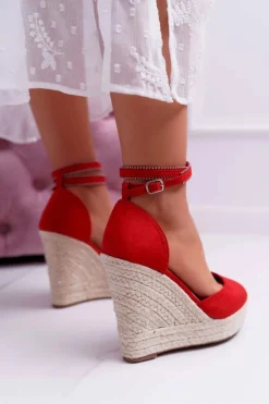 Damskie Boto Sandały Damskie Na Koturnie Lniane Czerwone Canterola