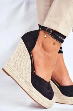 Damskie Boto Sandały Damskie Na Koturnie Lniane Czarne Canterola