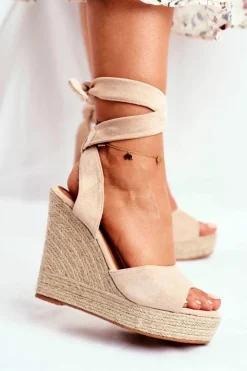 Damskie Boto Sandały Damskie Na Koturnie Wiązane Beżowe Belleza