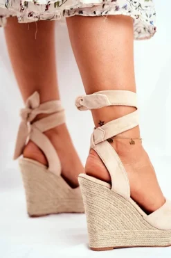 Damskie Boto Sandały Damskie Na Koturnie Wiązane Beżowe Belleza