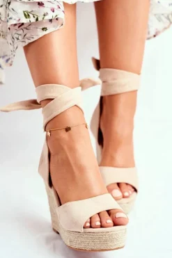 Damskie Boto Sandały Damskie Na Koturnie Wiązane Beżowe Belleza