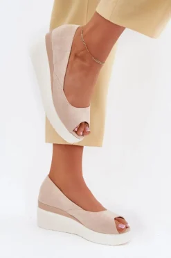 Discount Boto Sandały Damskie Na Koturnie Z Eko Zamszu Jasnobeżowe Velira Beżowy