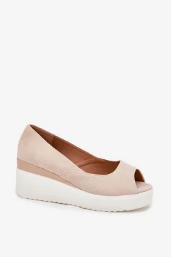 Discount Boto Sandały Damskie Na Koturnie Z Eko Zamszu Jasnobeżowe Velira Beżowy