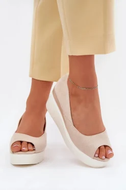 Discount Boto Sandały Damskie Na Koturnie Z Eko Zamszu Jasnobeżowe Velira Beżowy